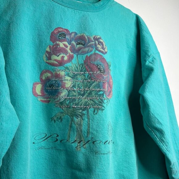 Turquoise blue Bonjour floral print sweatshirt one size 100% cotton made in USA - Picture 4 of 6